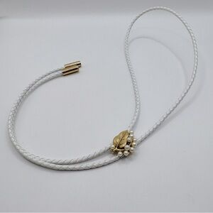 VINTAGE Gold-Tone Leaf & Pearls Leather Bolo Tie